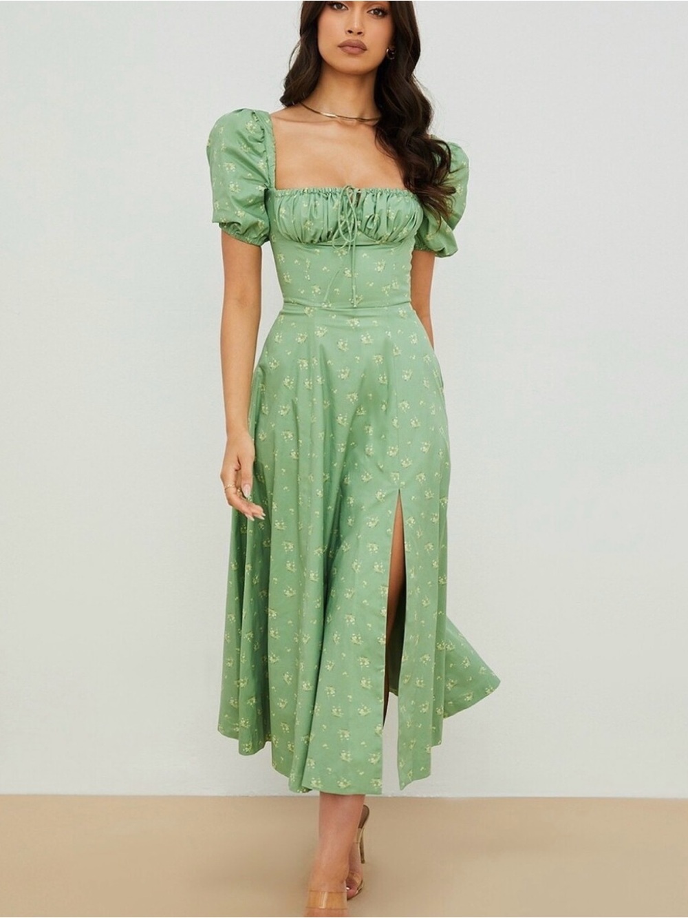 HOUSE OF CB Tallulah Olive Green Floral Puff Sleeve Square Neck Midi Dress sz L